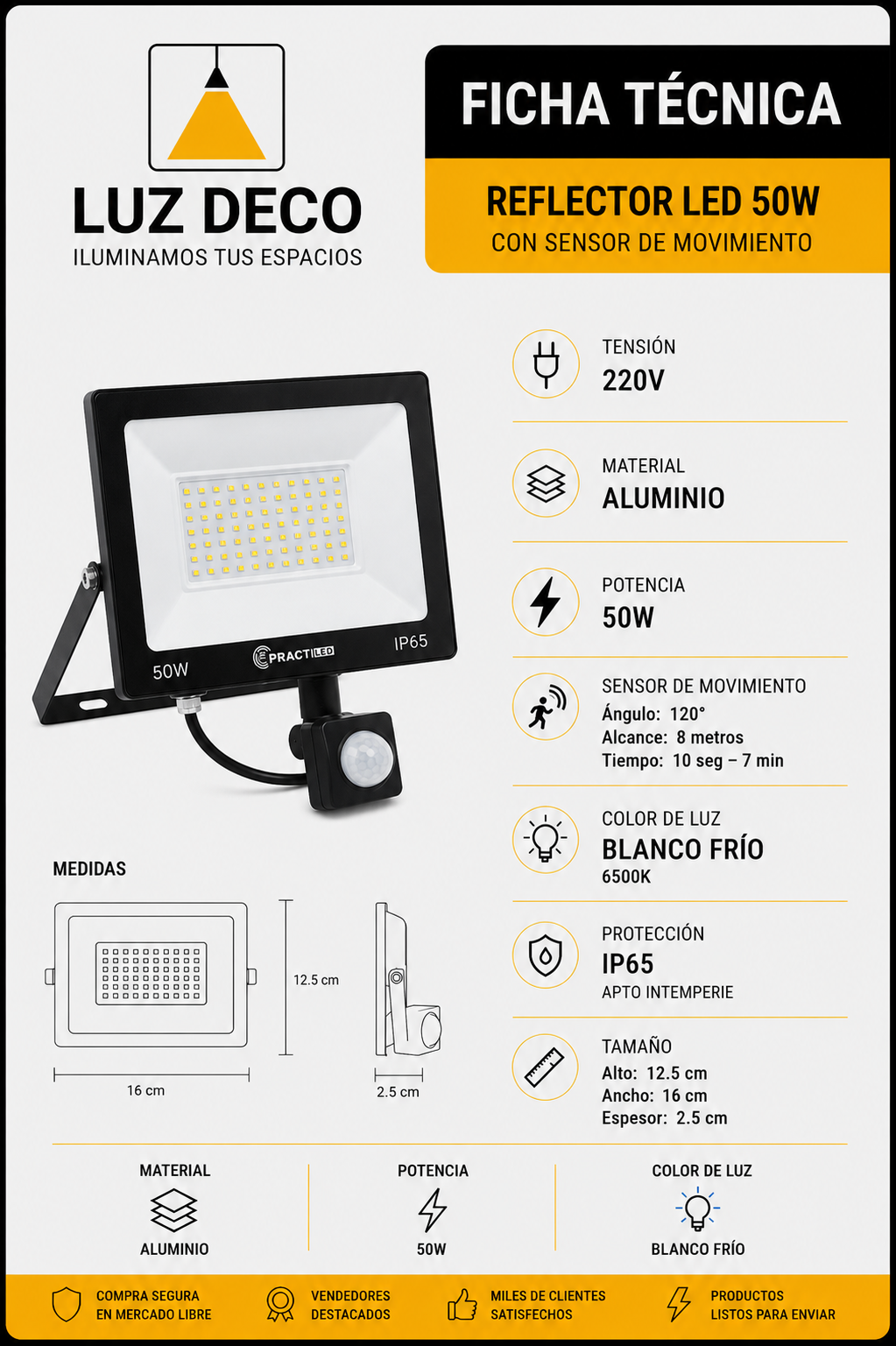 Reflector con sensor de movimiento 50W