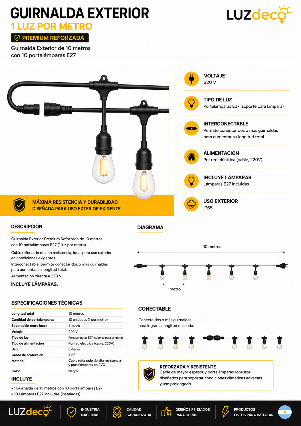 Guirnalda 1 luz x metro Premium 10 metros Con Lámparas