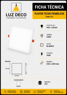 Plafón Cuadrado Framless para embutir 36W