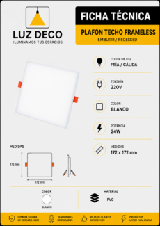Plafón Cuadrado Framless para embutir 24W