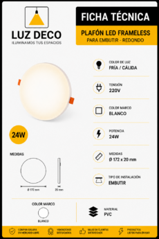 Plafón Redondo Framless para embutir 24W