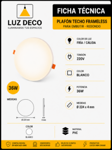 Plafón Redondo Framless para embutir 36W