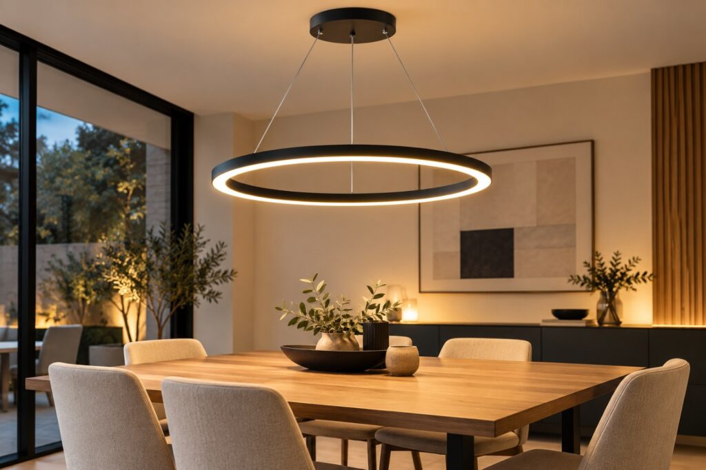Colgante LED Moderno aro negro sobre mesa de comedor