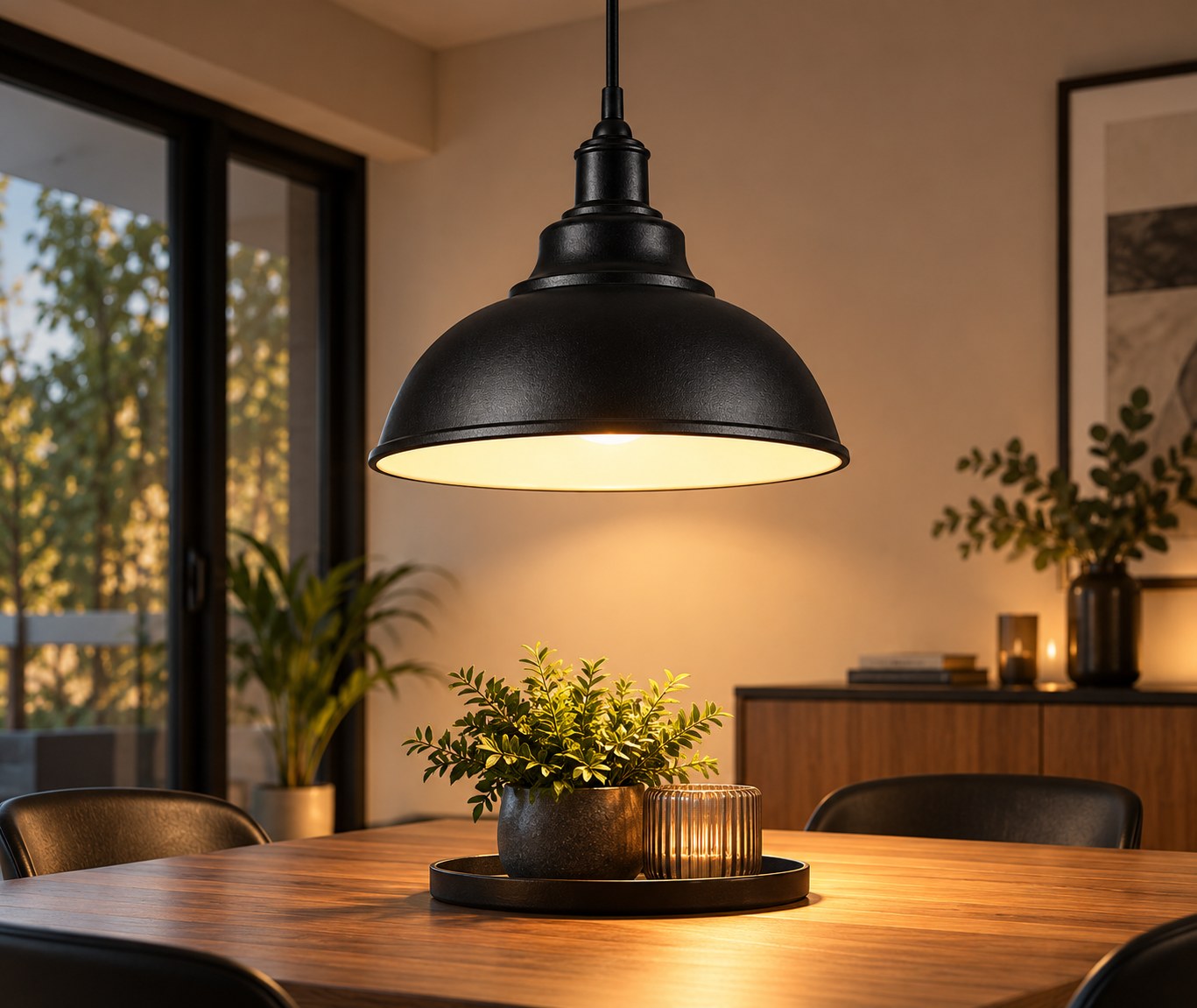 Colgante Moderno Chapa negro sobre mesa de comedor