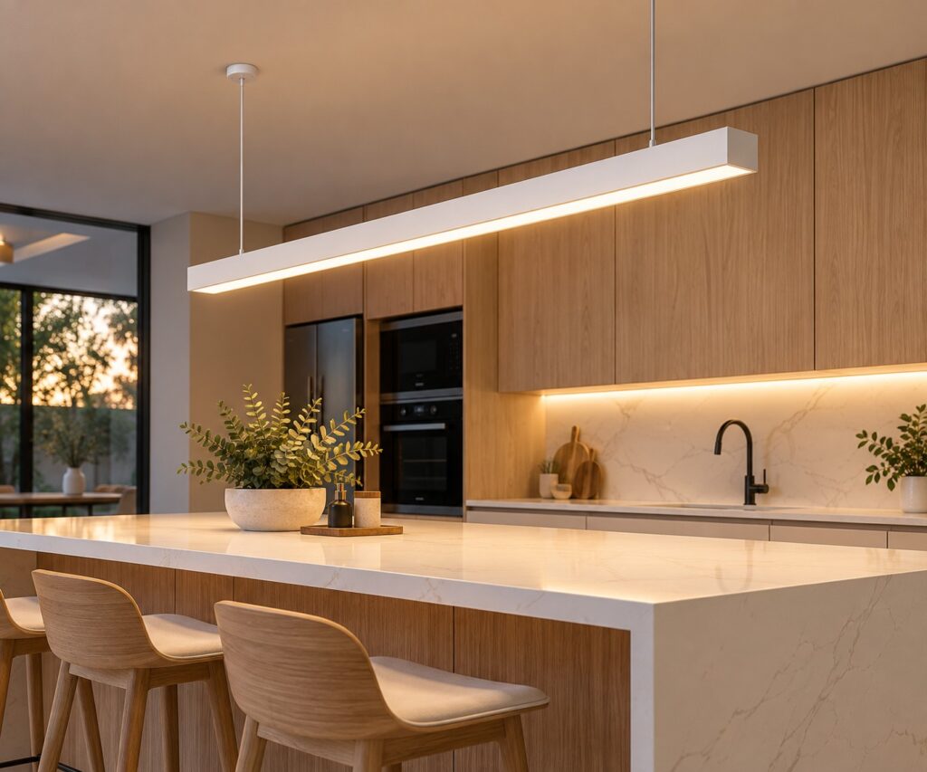Barral Lineal LED blanco sobre isla de cocina