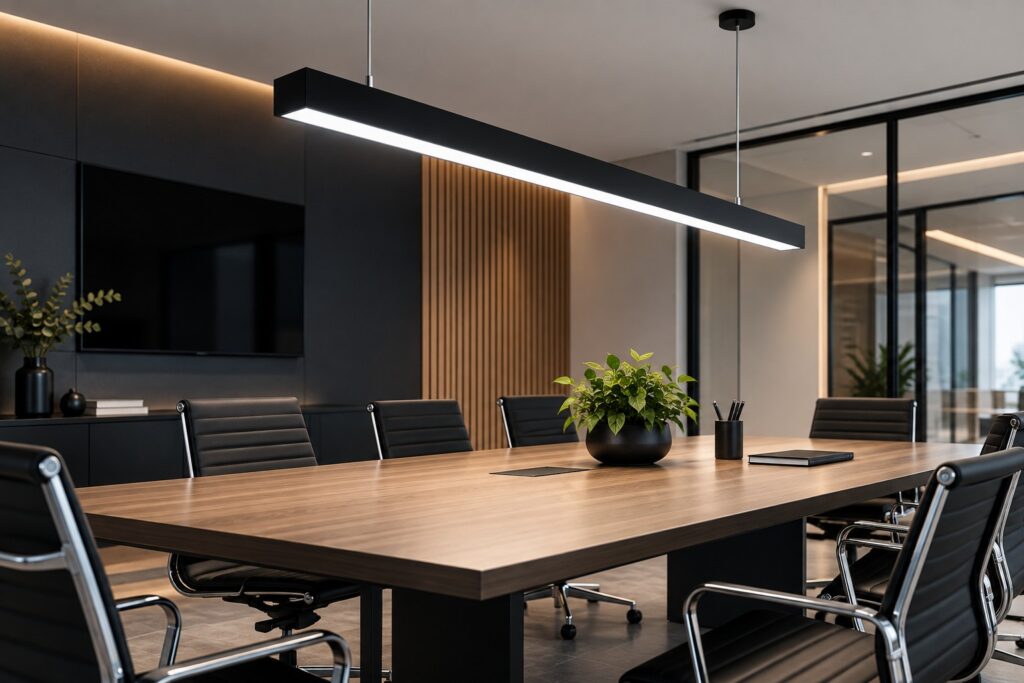 Barral Lineal LED negro en sala de reuniones