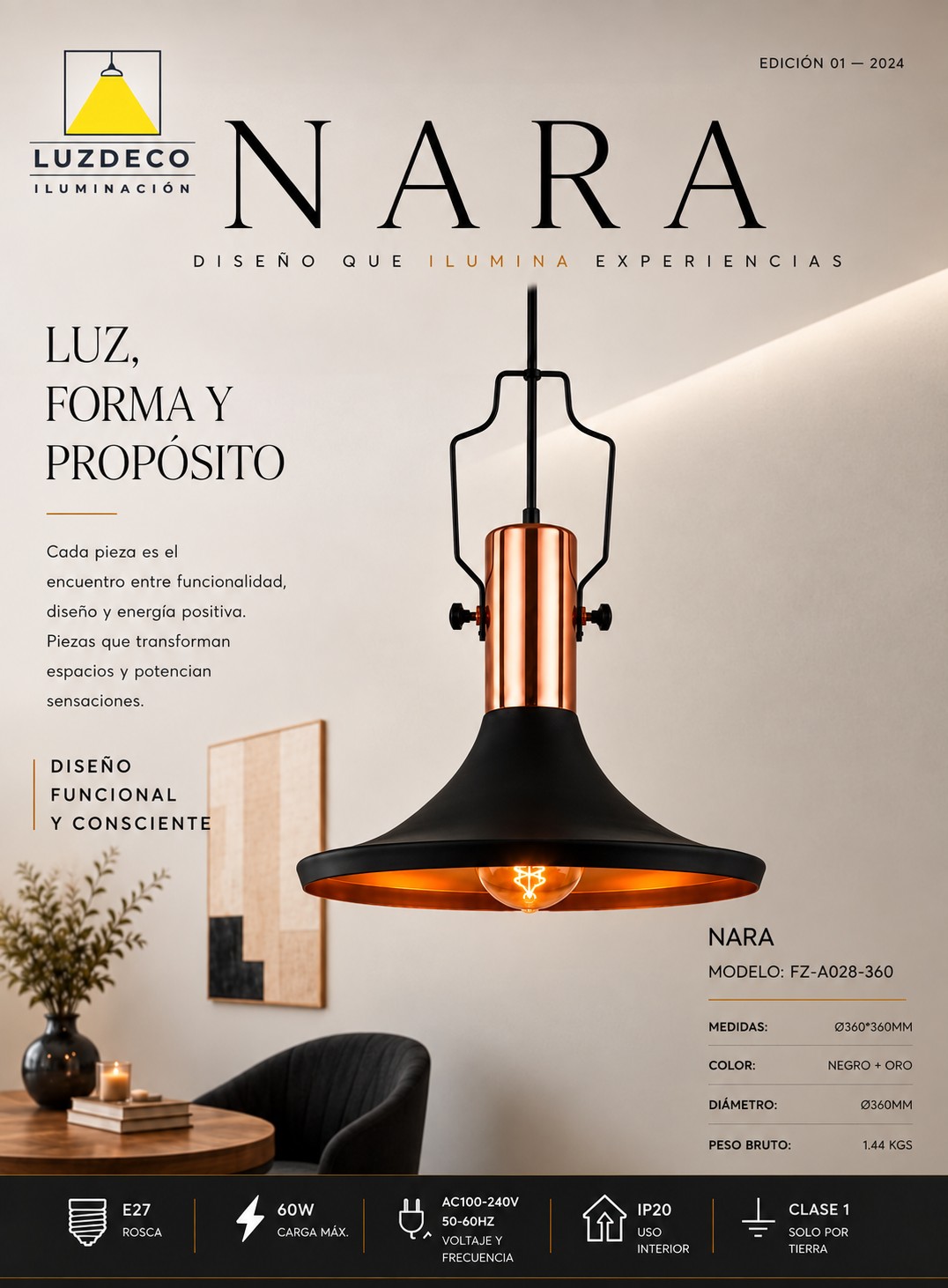 Colgante Nara negro y dorado para lámpara E27