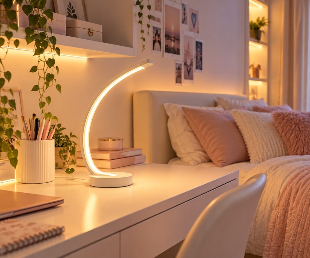 Velador Curvo LED blanco en dormitorio