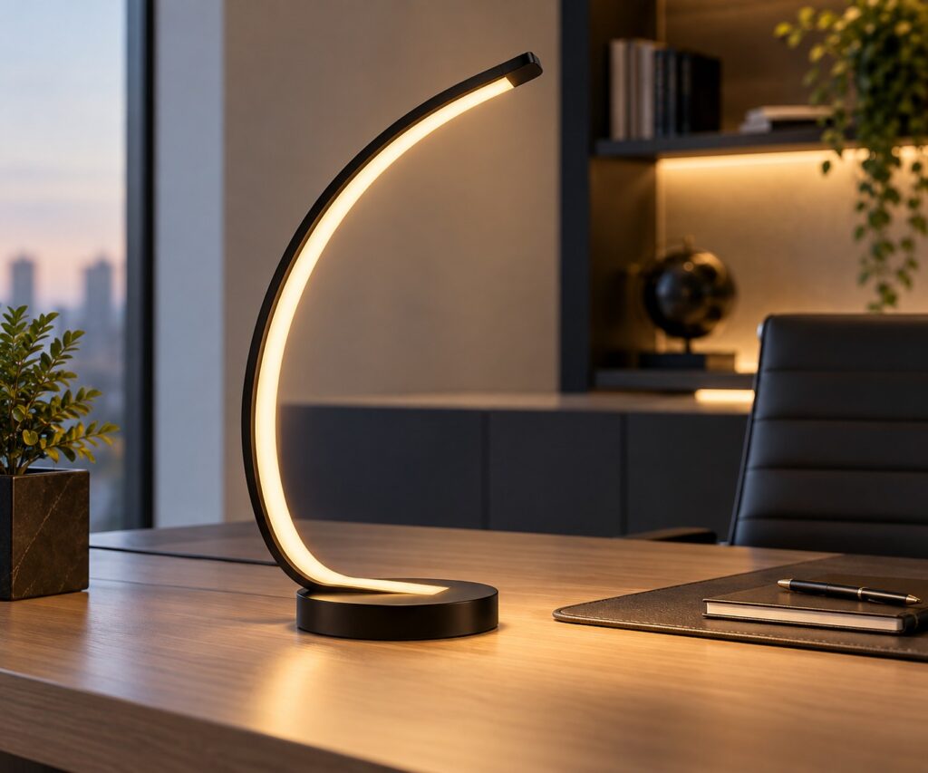 Velador Curvo LED negro sobre escritorio